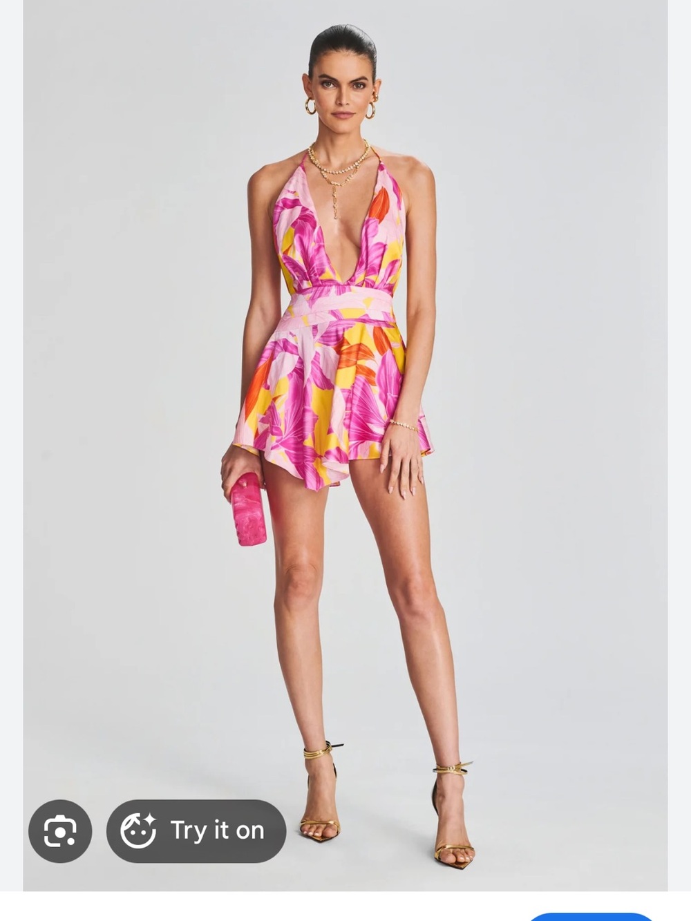 Retrofete Pink, Yellow & Coral Floral Halter Dress